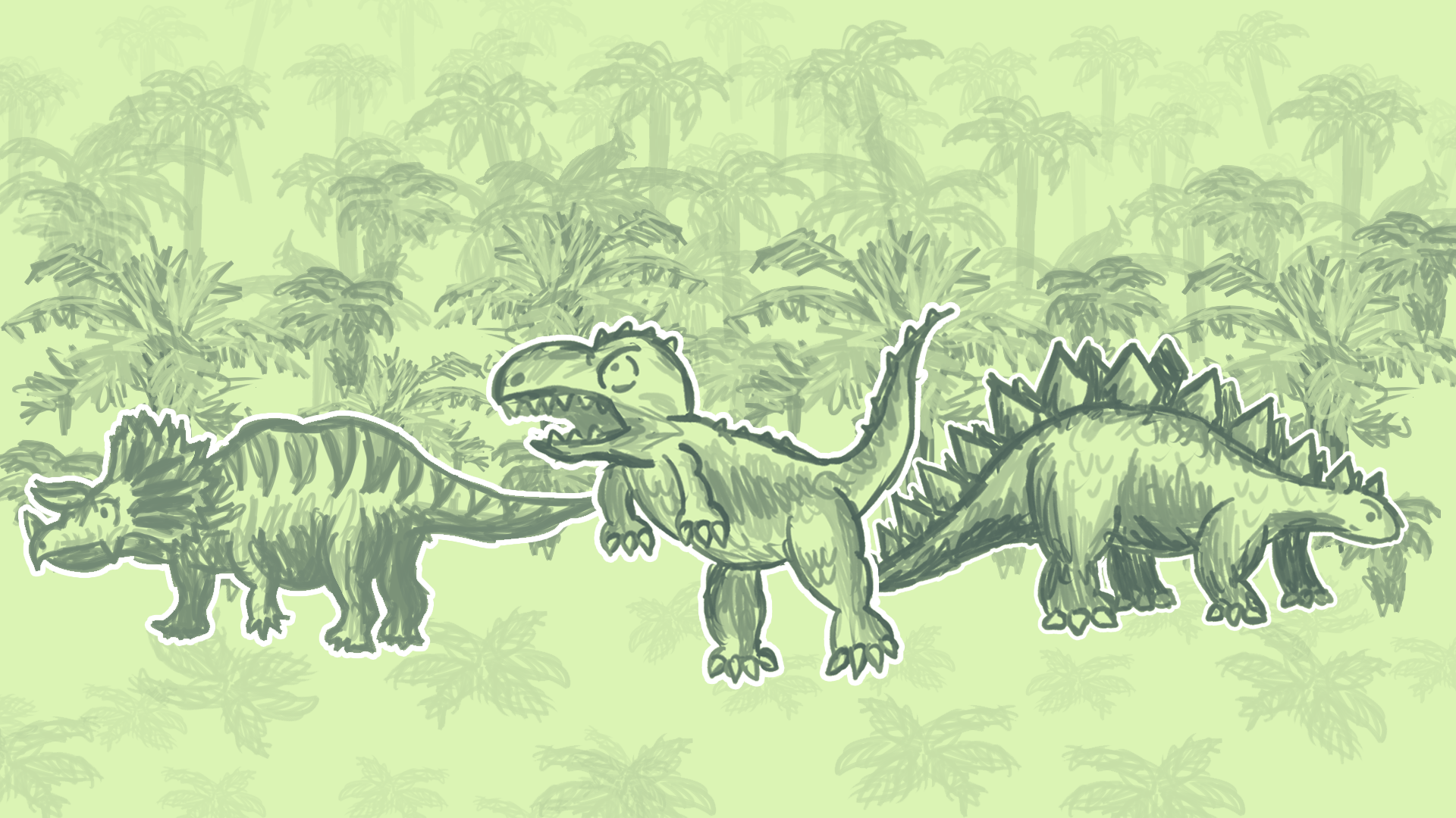 Sketch of a triceratops, tyrannosaurus rex and stegosaurus in a forest in an all green palette.